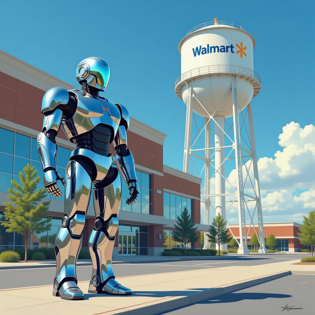 A robot standing next to Walmart home office with the water tower in the background 