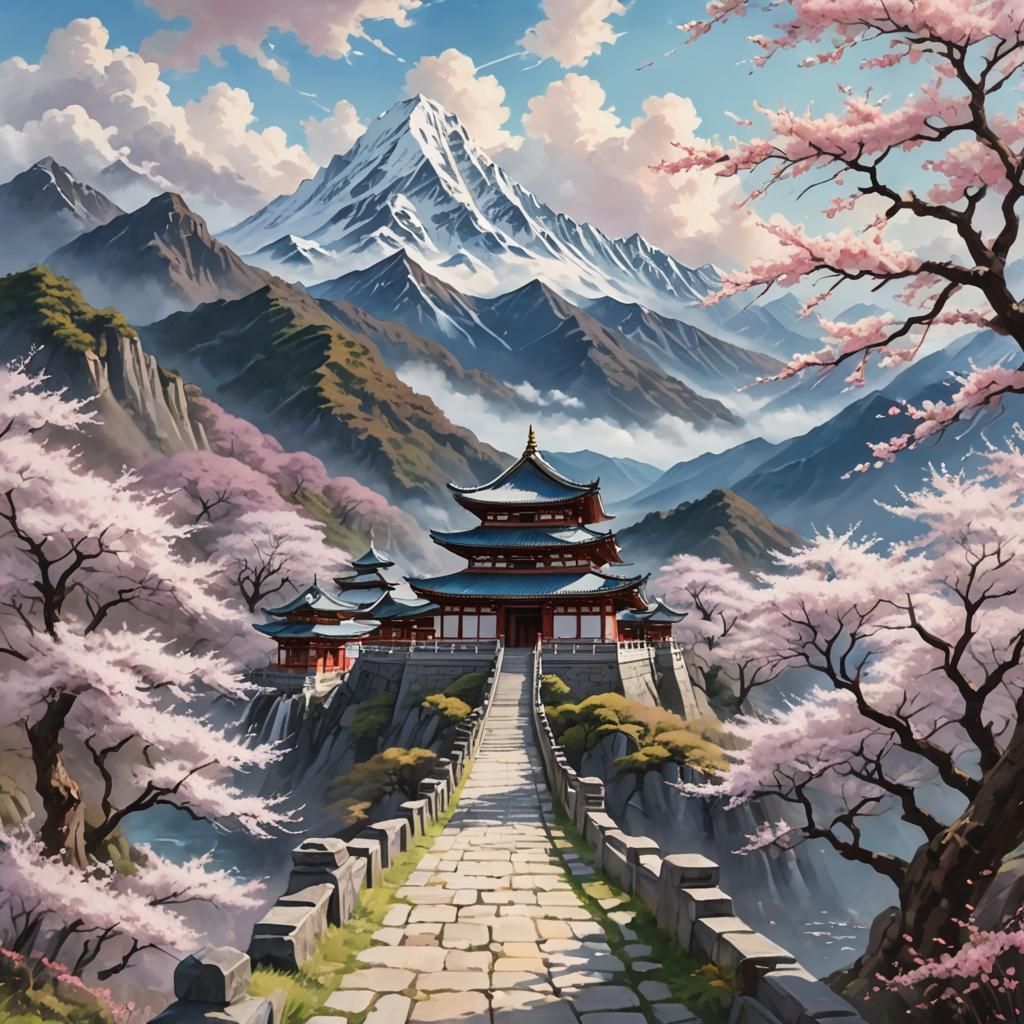 Temple Between Snowy Peaks with Blossoms