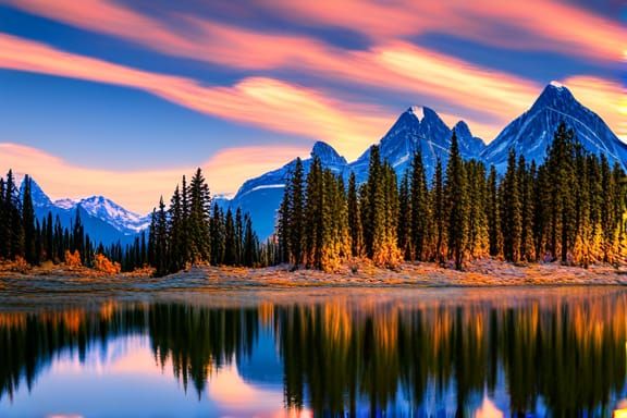 Canadian Rockies, dusk, sliver moon, stars, lake reflection ...