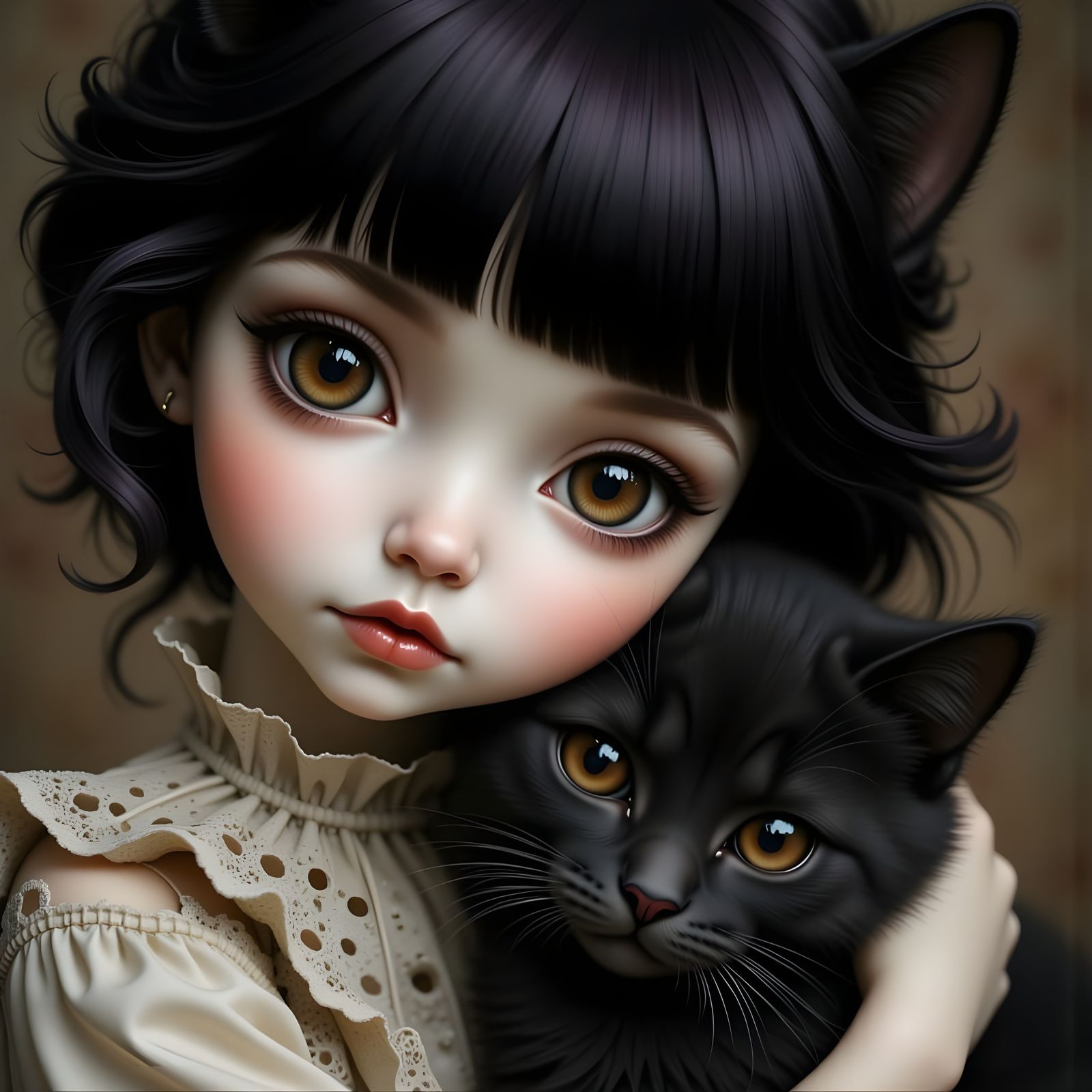 Porcelain Doll Hugging Kitten in Surreal Style