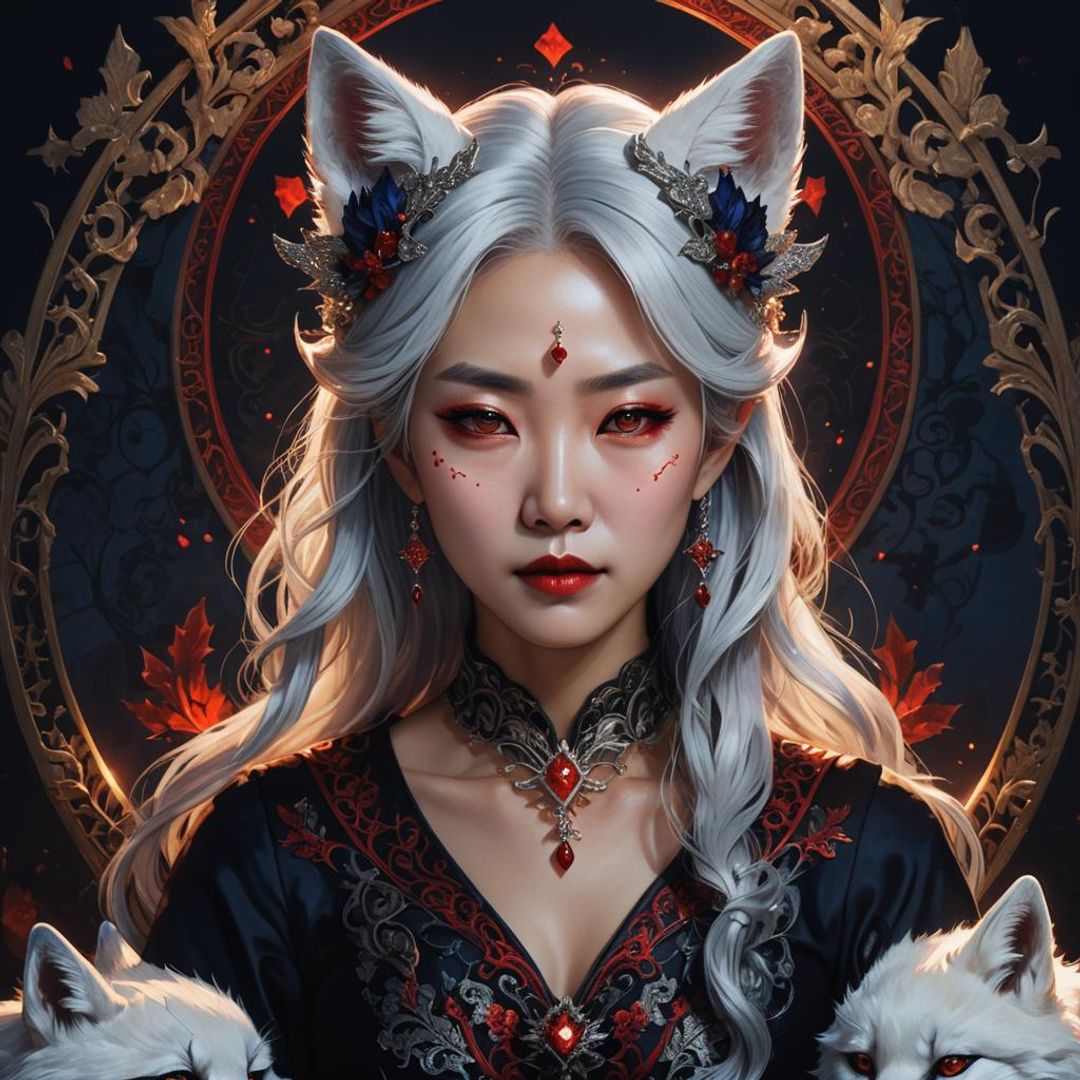 korean lady silver hair black dress red crystals white fox ears vampire