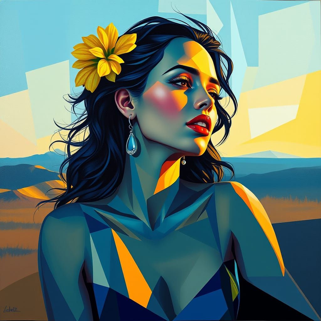 Cool Blue Lady in Vibrant Cubist Style