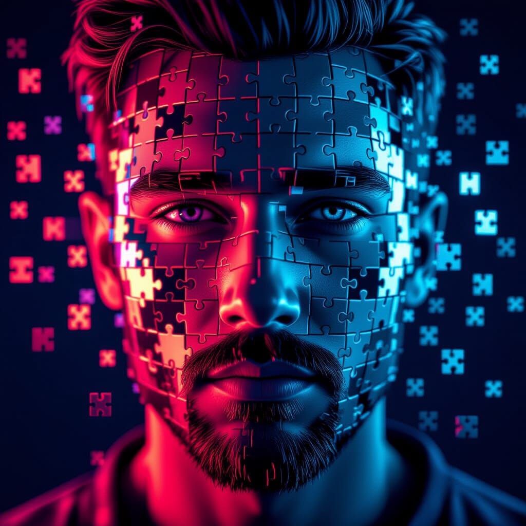 Fragmented Face Reveals Digital Void in Cyberpunk Style