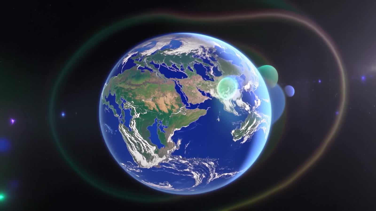 The earth from way up there is beautiful and blue, surrounded by a rainbow.