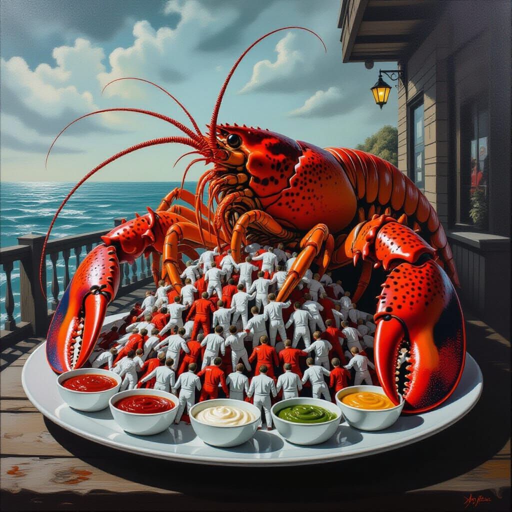 Giant Lobster Faces Plate of Tiny Men Seaside Restaurant Sur...
