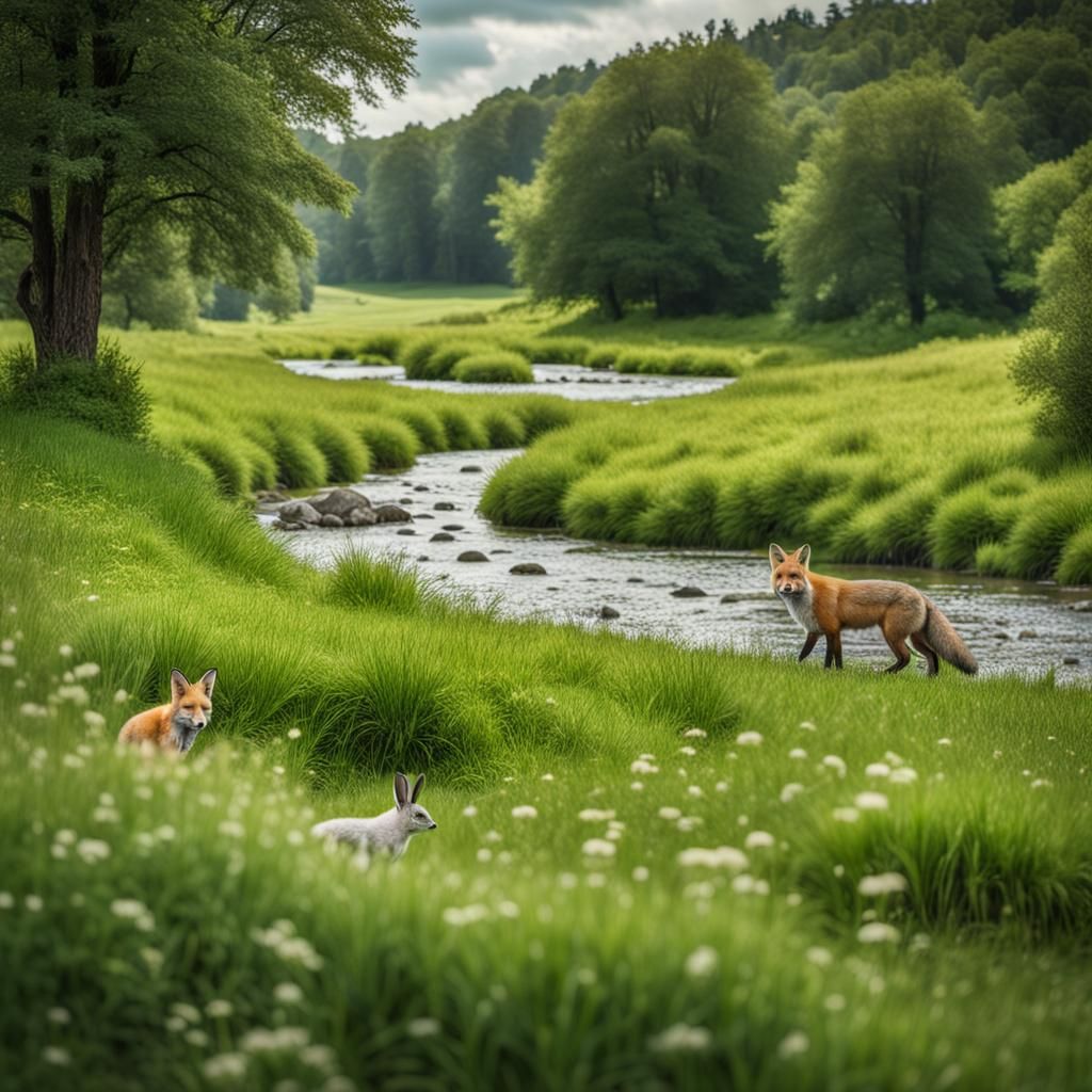 One adult fox walking in a lush meadow with a river flowing by. A white rabbit looks on close to camera. Wide angle shot. Show both fox and...