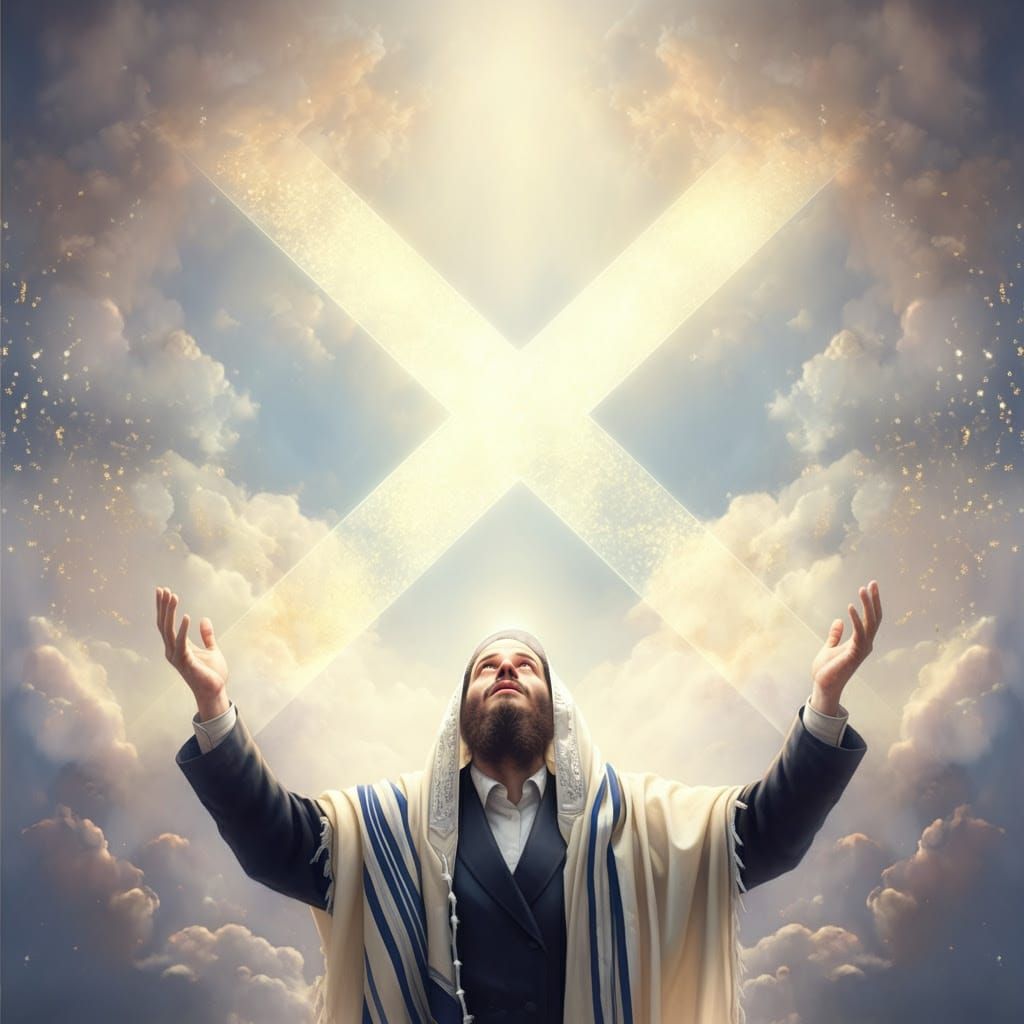 Mystical Prayer Scene with Ethereal Light and Glowing Clouds