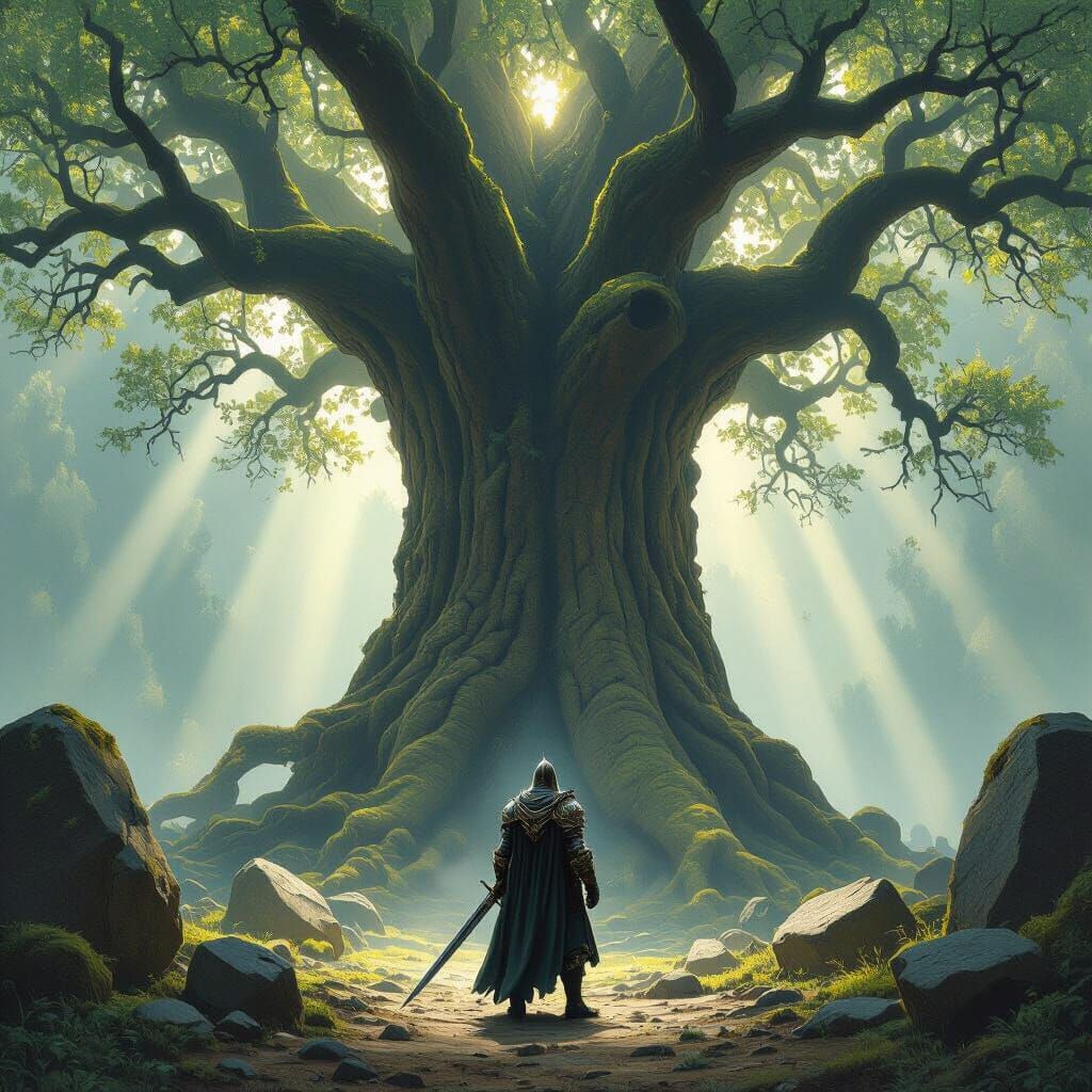 A lone knight in ornate, weathered armor stands at the base of a colossal, ancient tree whose branches scrape the heavens. The forest floor ...