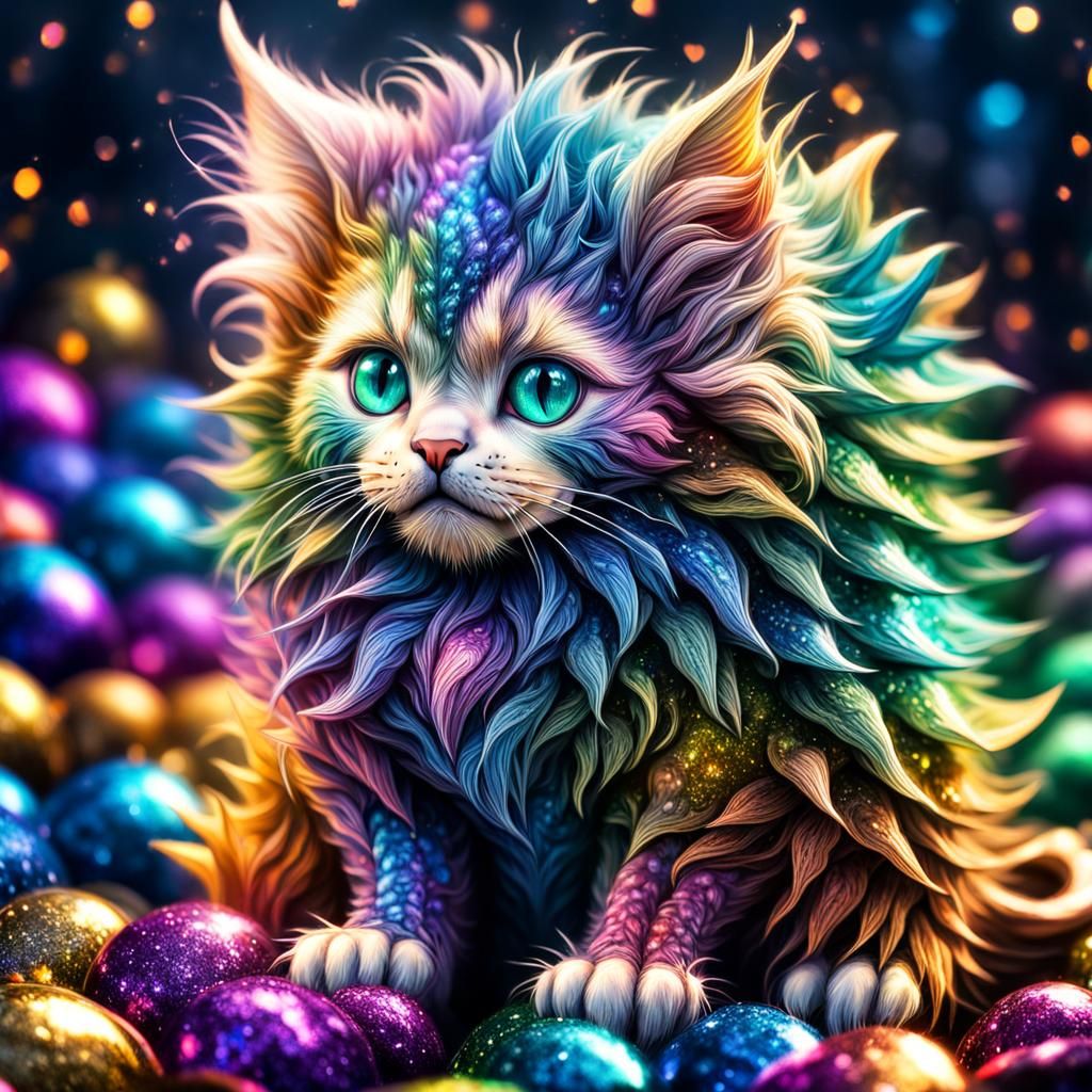 Rainbow glitter Norwegian forest kitten dragons - AI Generated Artwork ...