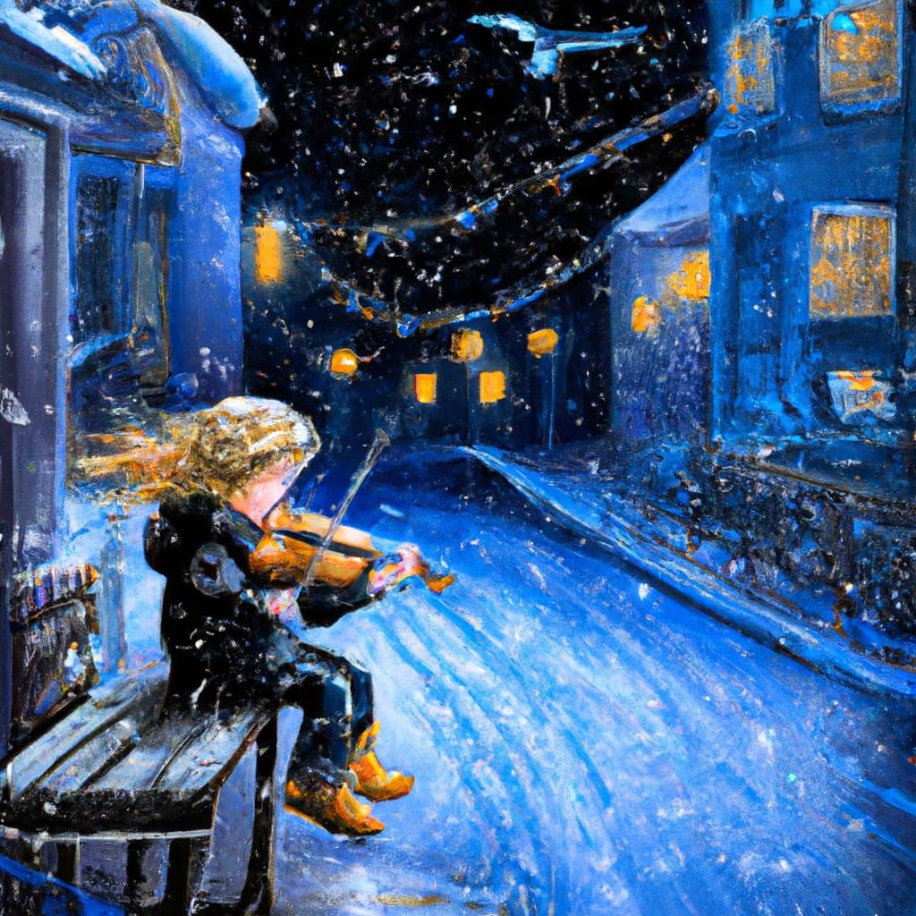 A dark alley, a dark night, a cool street, rain falling,
A little blond boy sits on a street bench, playing his violin. Snow covers the roof...