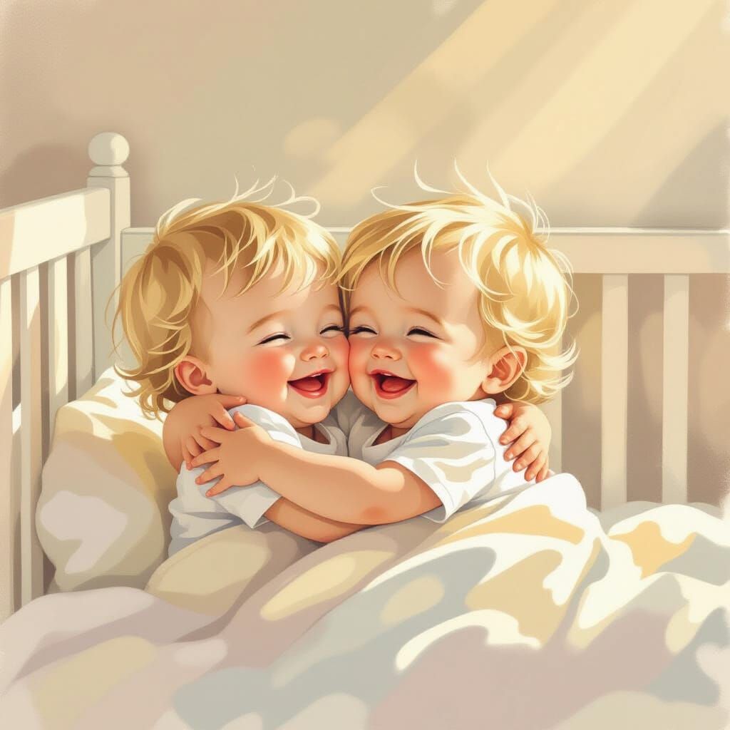 Two Blonde Babies Hugging and Laughing in Cozy Crib
