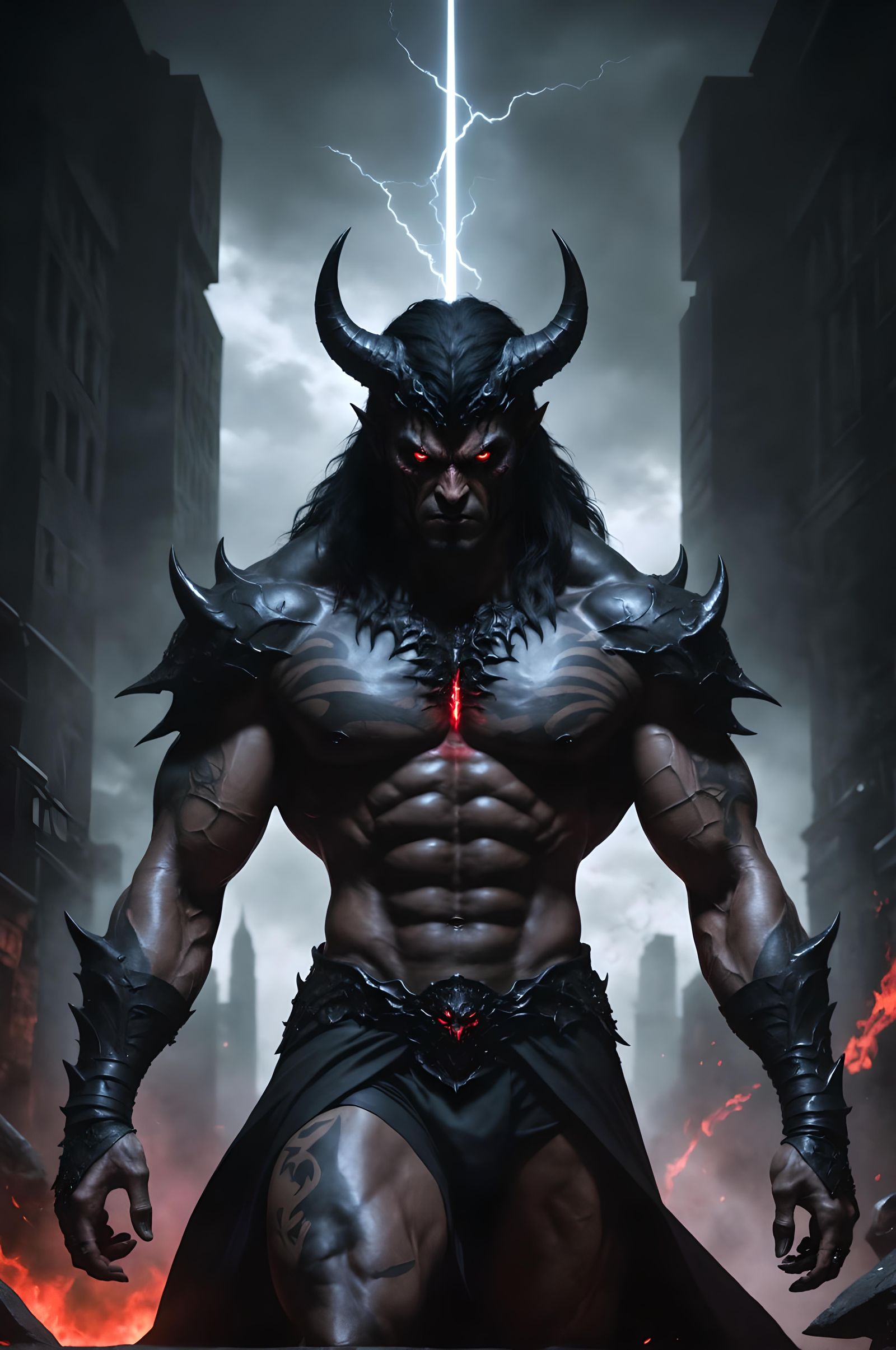 a dark, imposing, demonic figure standing with a commanding ...