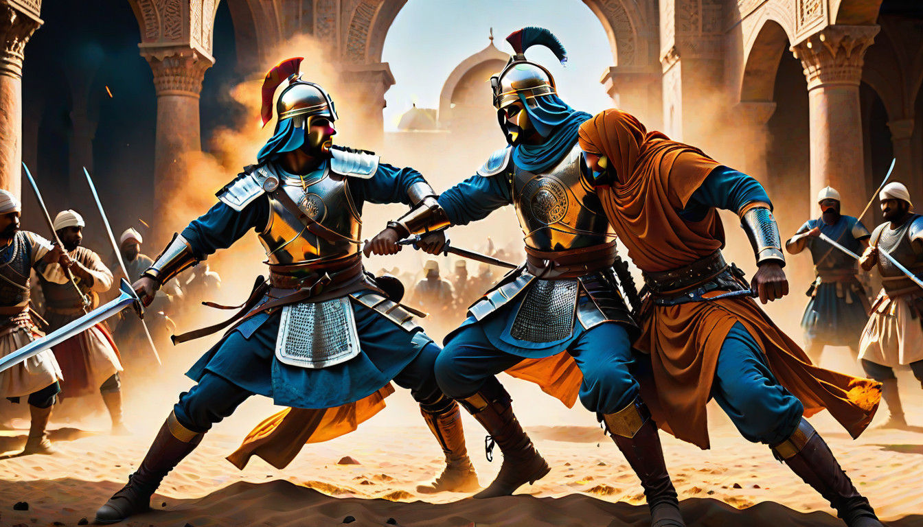 the Numidien warrior Axel fighting against an Arabic fighter,  stabs him in the head, the 8th century in North Africa, intricate details, HD...