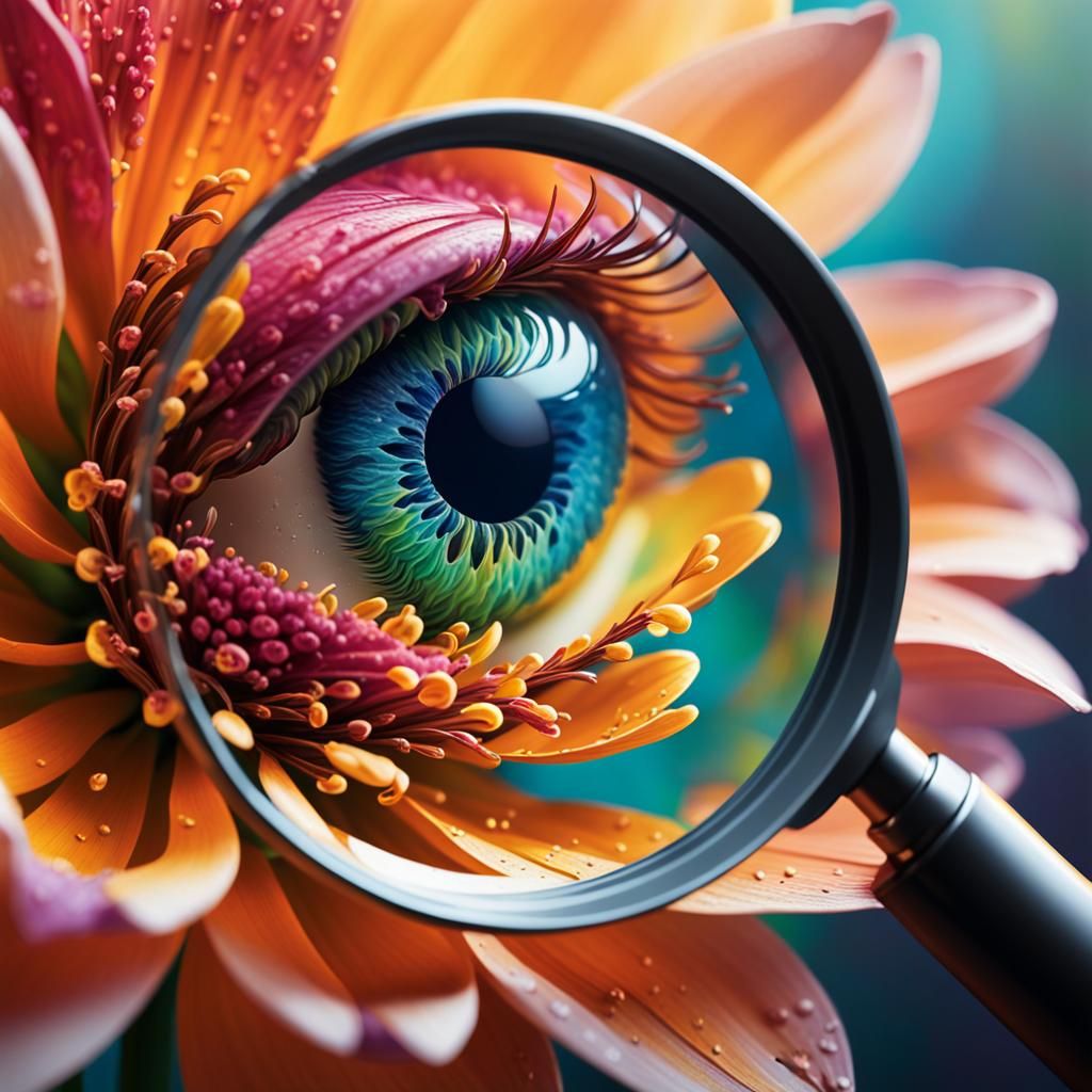 Magnifying glass observing a beautiful flower