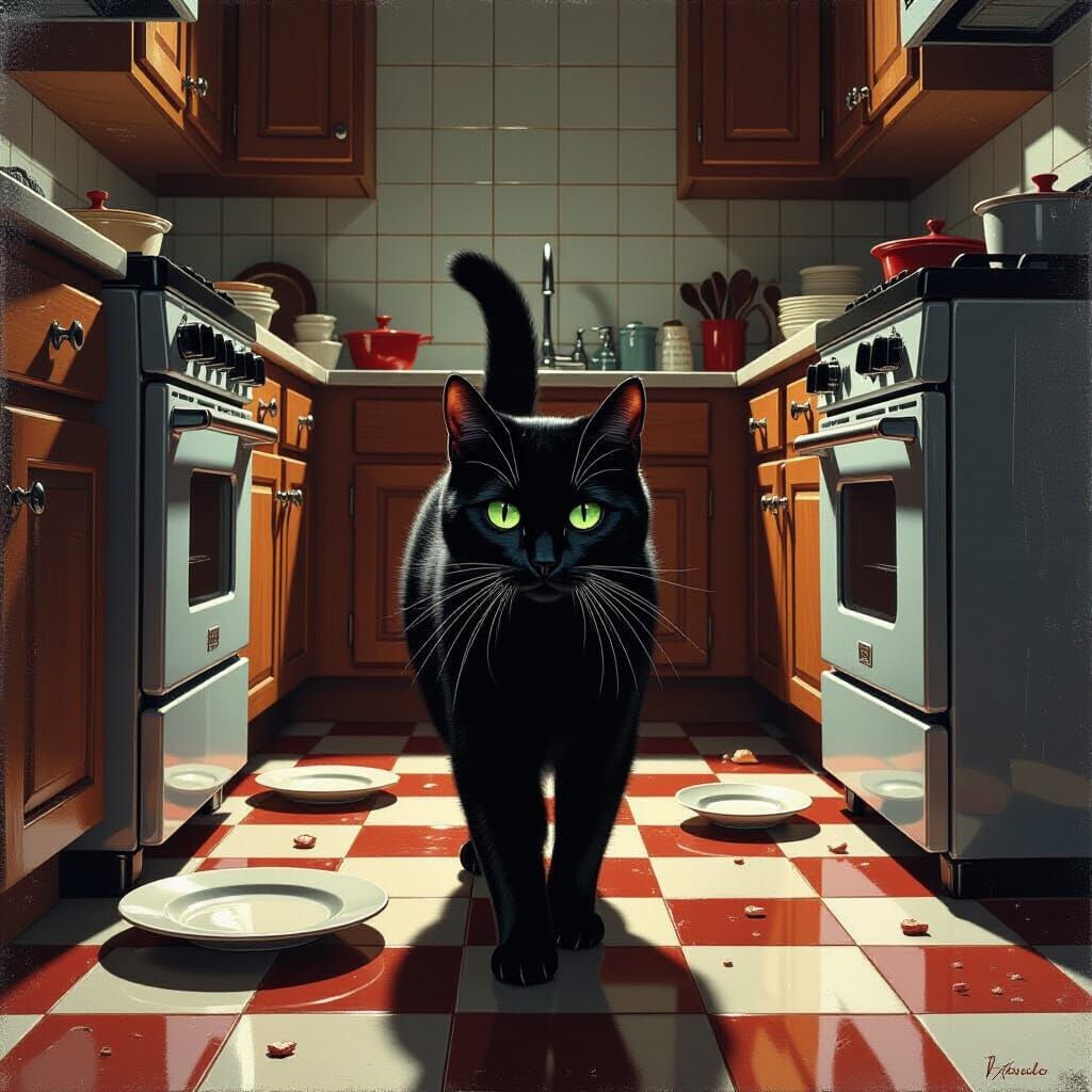Black Cat Shushing in Chaotic Kitchen