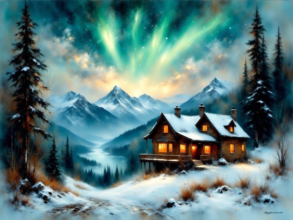 Cabin in snow-covered mountains  by @JBrosque