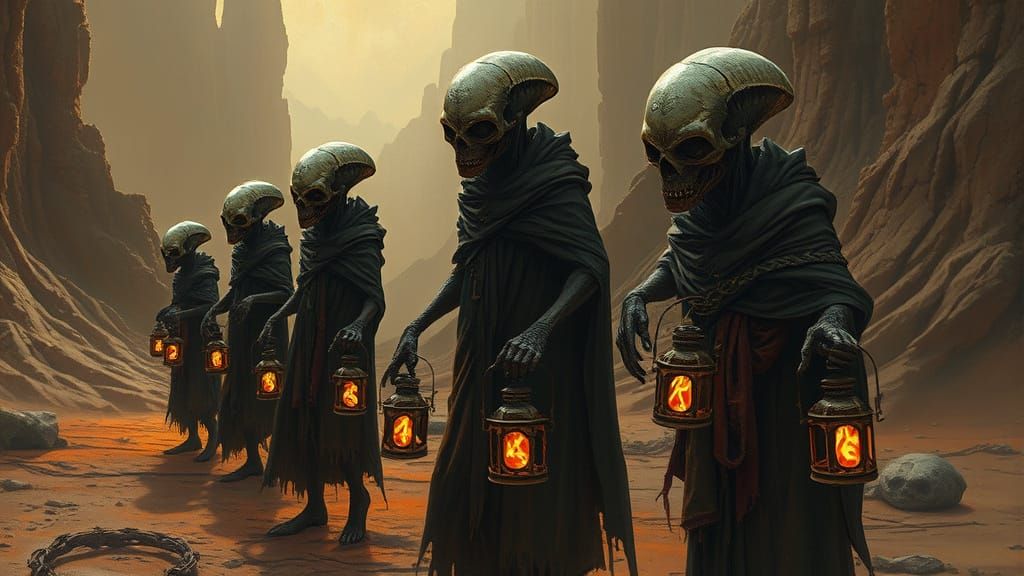 Towering alien figures carrying lanterns 
