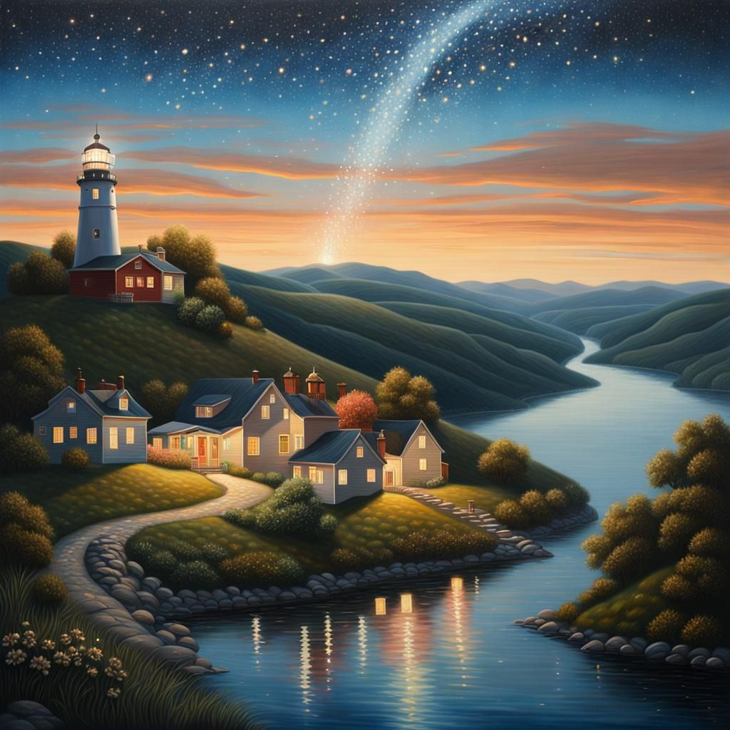 A river runs between 2 hills, on one hill there is a lightho...