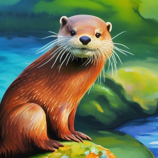 adorable otters in Gouache Style, Watercolor, Museum Epic Im...