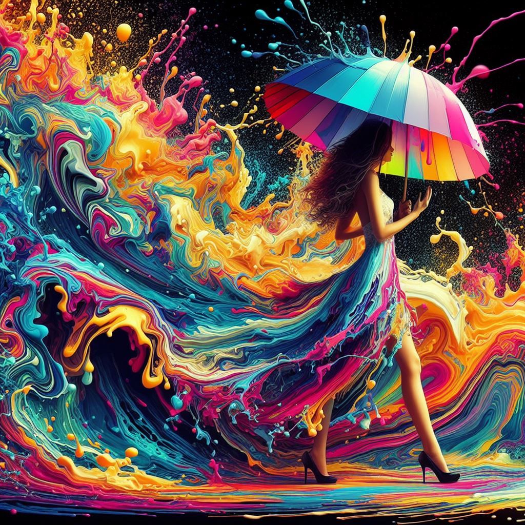 a woman in a colorful dress holding an umbrella