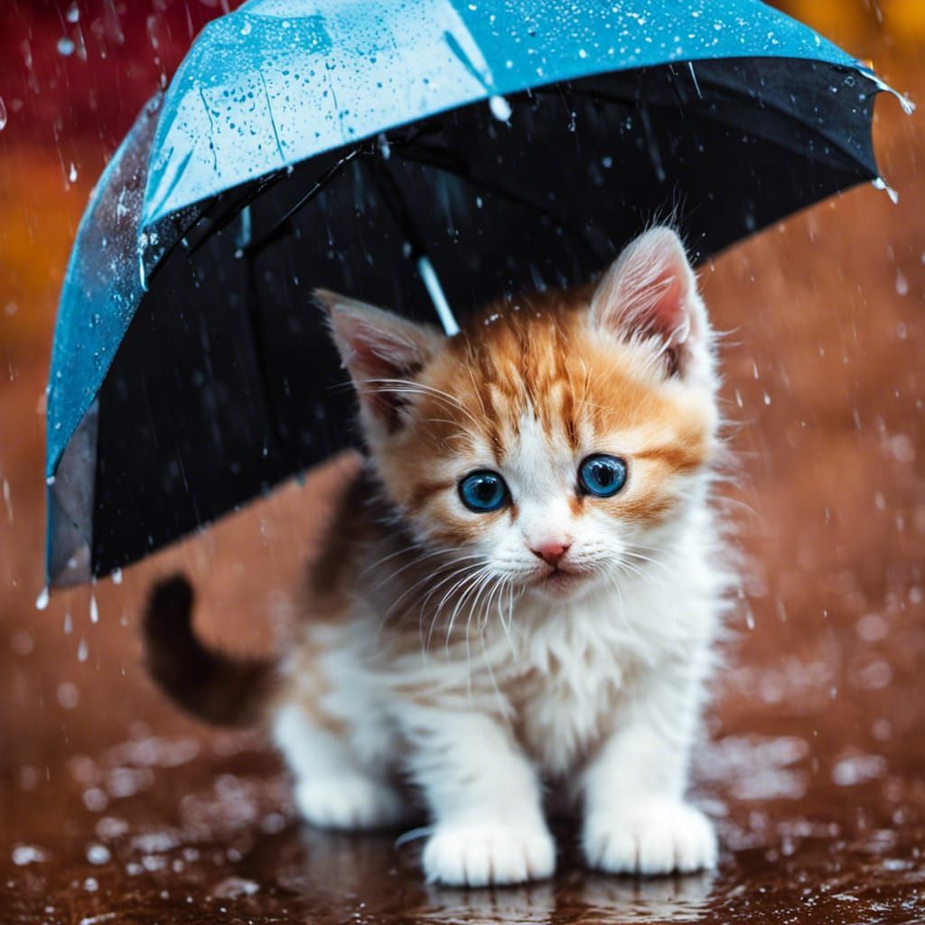 Cute sad kitten in the rain, 