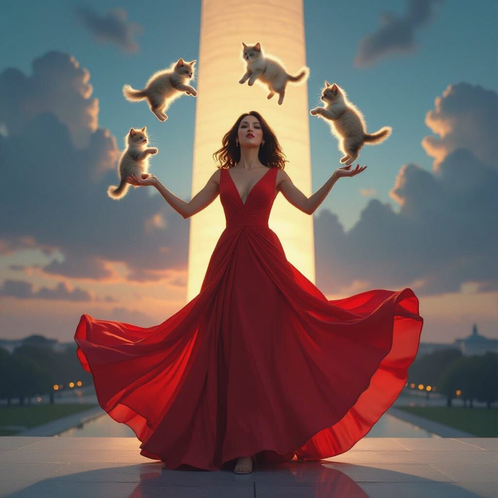 Woman juggling kittens on tip of Washington monument