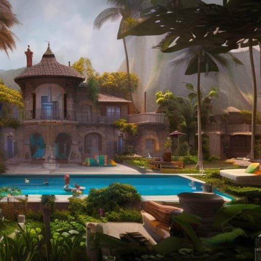 Mansion with swimming pool and people partying and relaxing