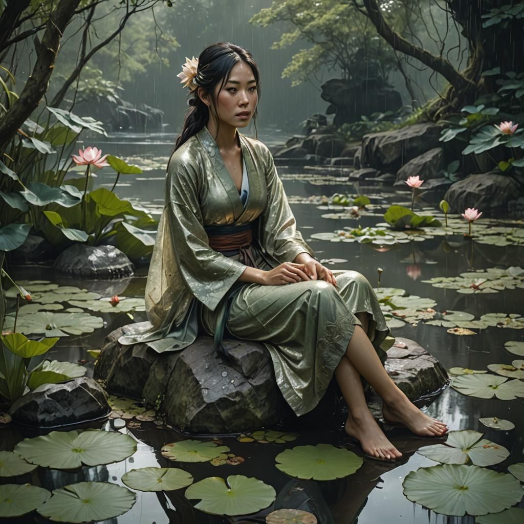 Editorial portrait of a beautiful Asian country girl sitting...