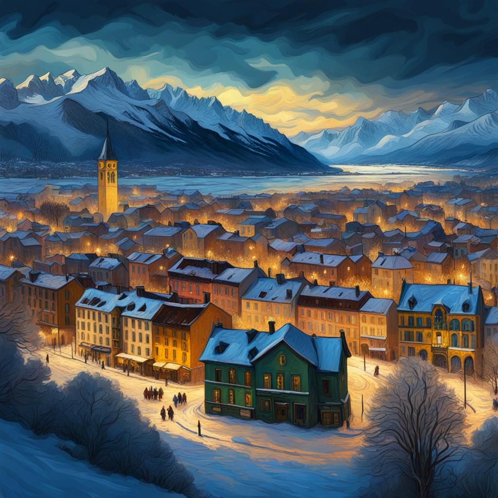 Make a drawing of Barcelonette in winter in van Gogh style