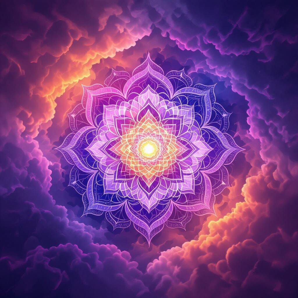 The sixt chakra symbol ajna as mandala in a beautiful cloud of colors all tonalities of violet coming up forming optical ilusions