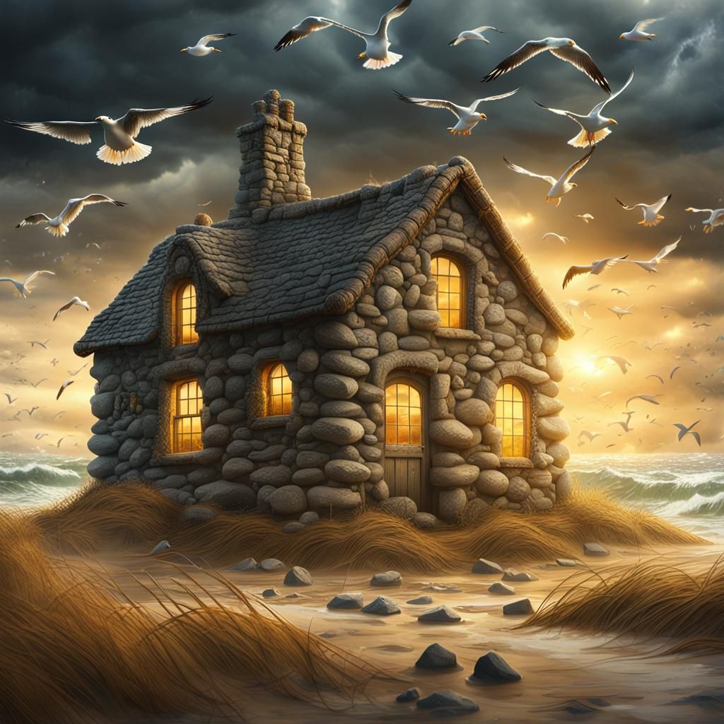 stone cottage on a beach with seagulls flying over stormy wa...