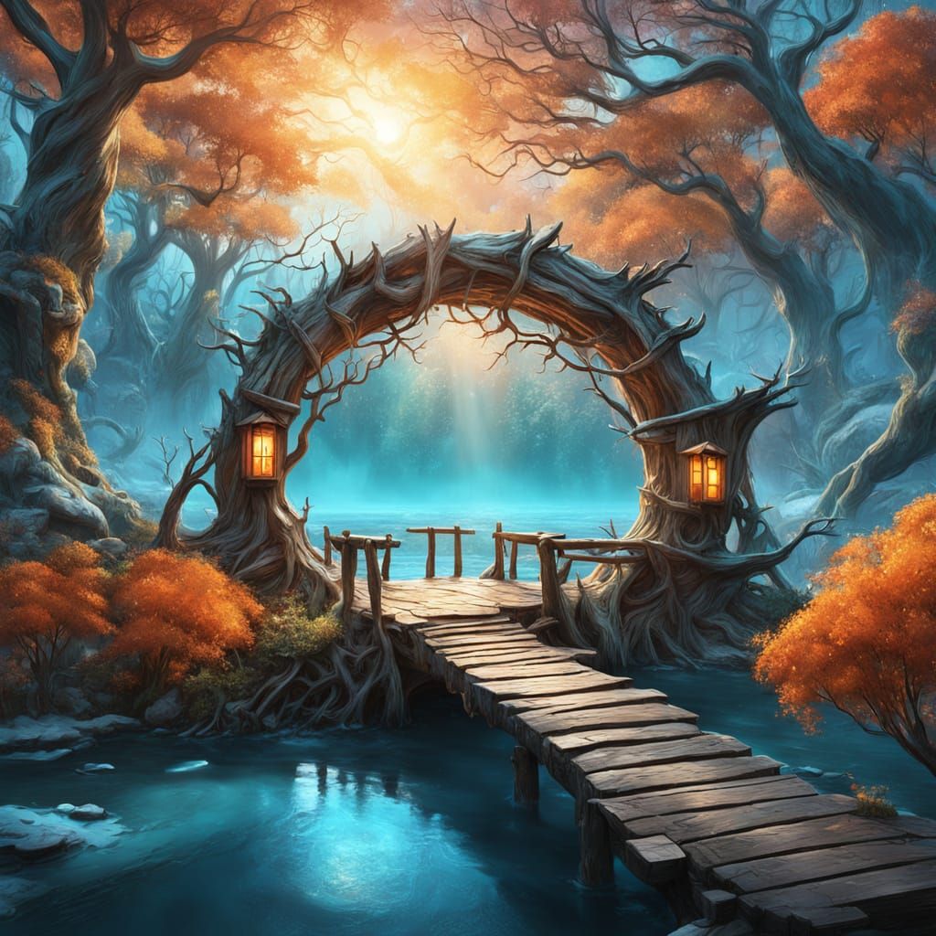 A hyper-detailed fantasy winter landscape featuring a magical wooden ring structure formed from ancient twisted tree trunks, creating a natu...