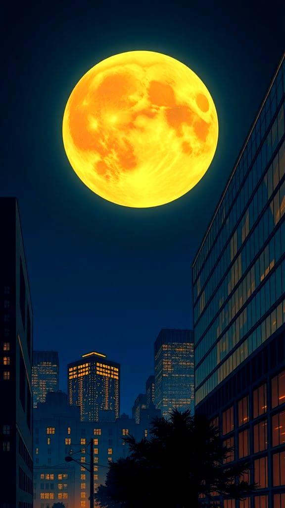 A Bright Full Moon Over City Skyscrapers at Night