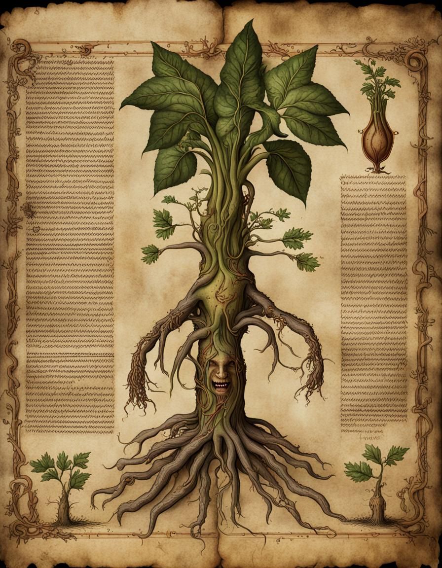 An ancient manuscript about the magical properties of the mandrake plant.  by @Simon C