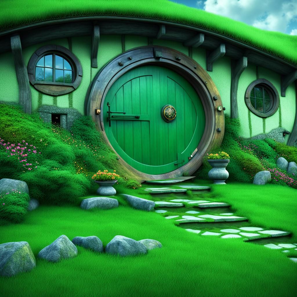 Green hillside home with a big round green hobbit door Epic cinematic ...