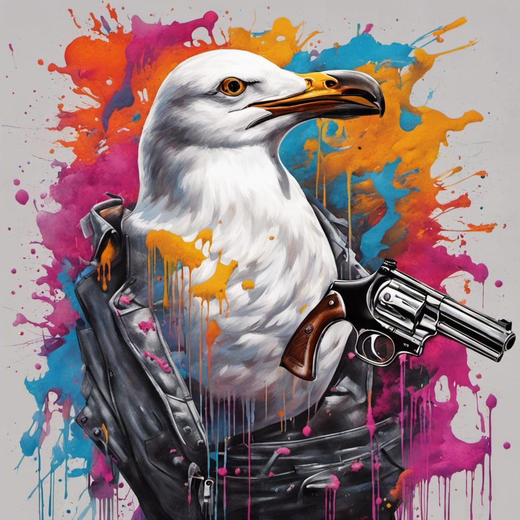 a seagull with a revolver