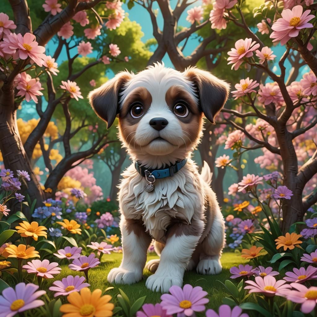 cute little puppy, beautiful trees and flowers, hyperdetaile...