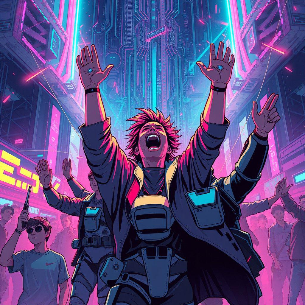 Triumphant Cyberpunk Celebration in Neon Lights
