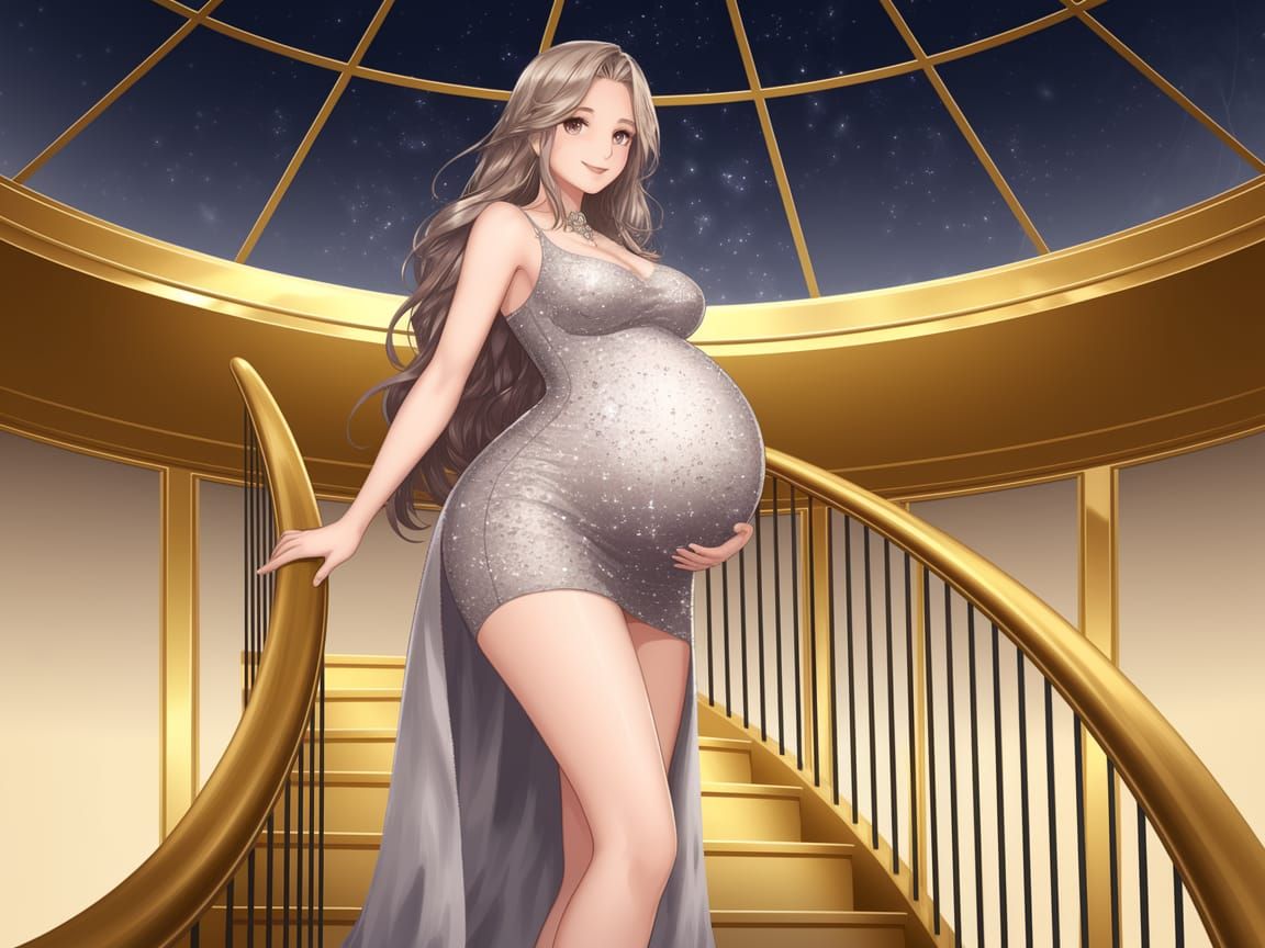 Anime-Style Pregnant Goddess Descends Golden Stairway