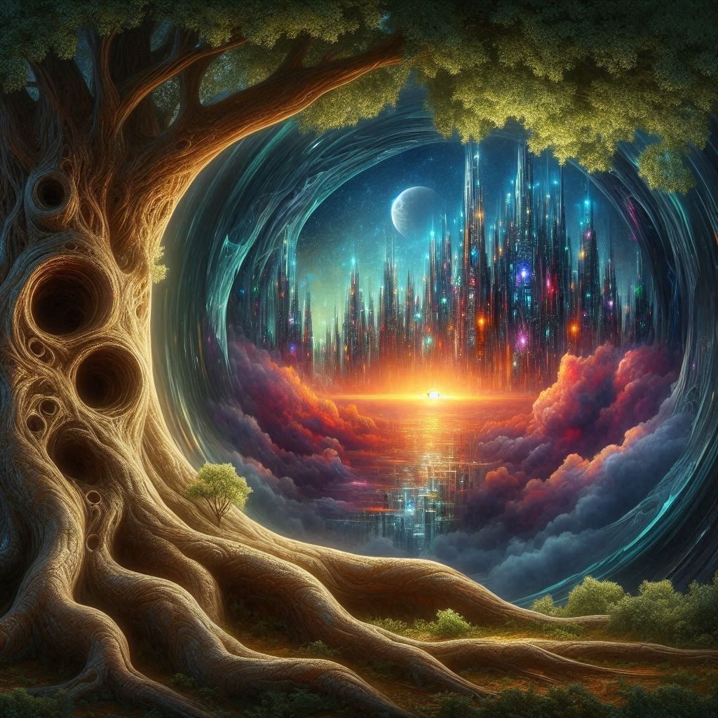 Gnarled old tree and futuristic city