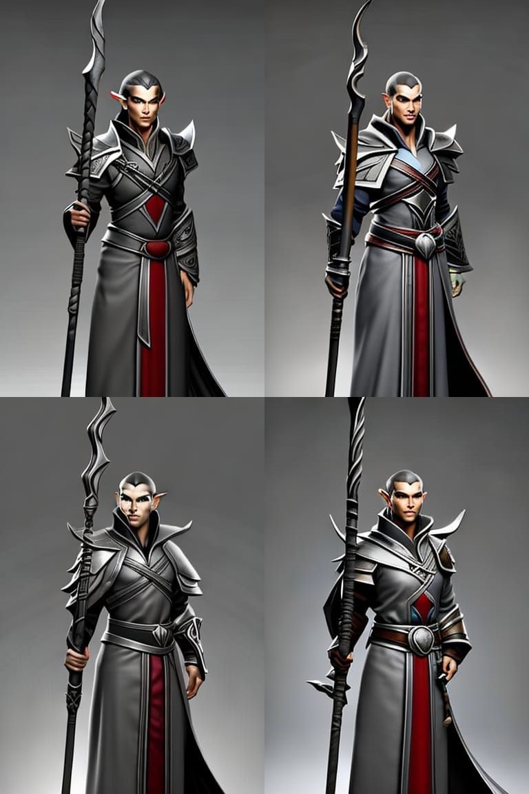 Elf monk. Grey robes. Holding staff. Fantasy. Male. Magic fi...