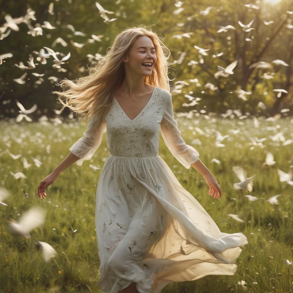 Woman Chasing Birds in Meadow with Bokeh
