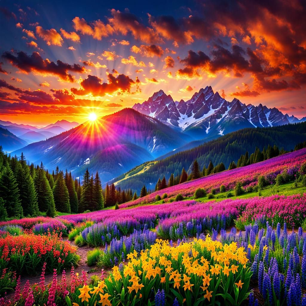 Sunrise over the mountains majestic spring color amazingly beautiful hyperdetailed a masterpiece award-winning ...  by @Moonflower