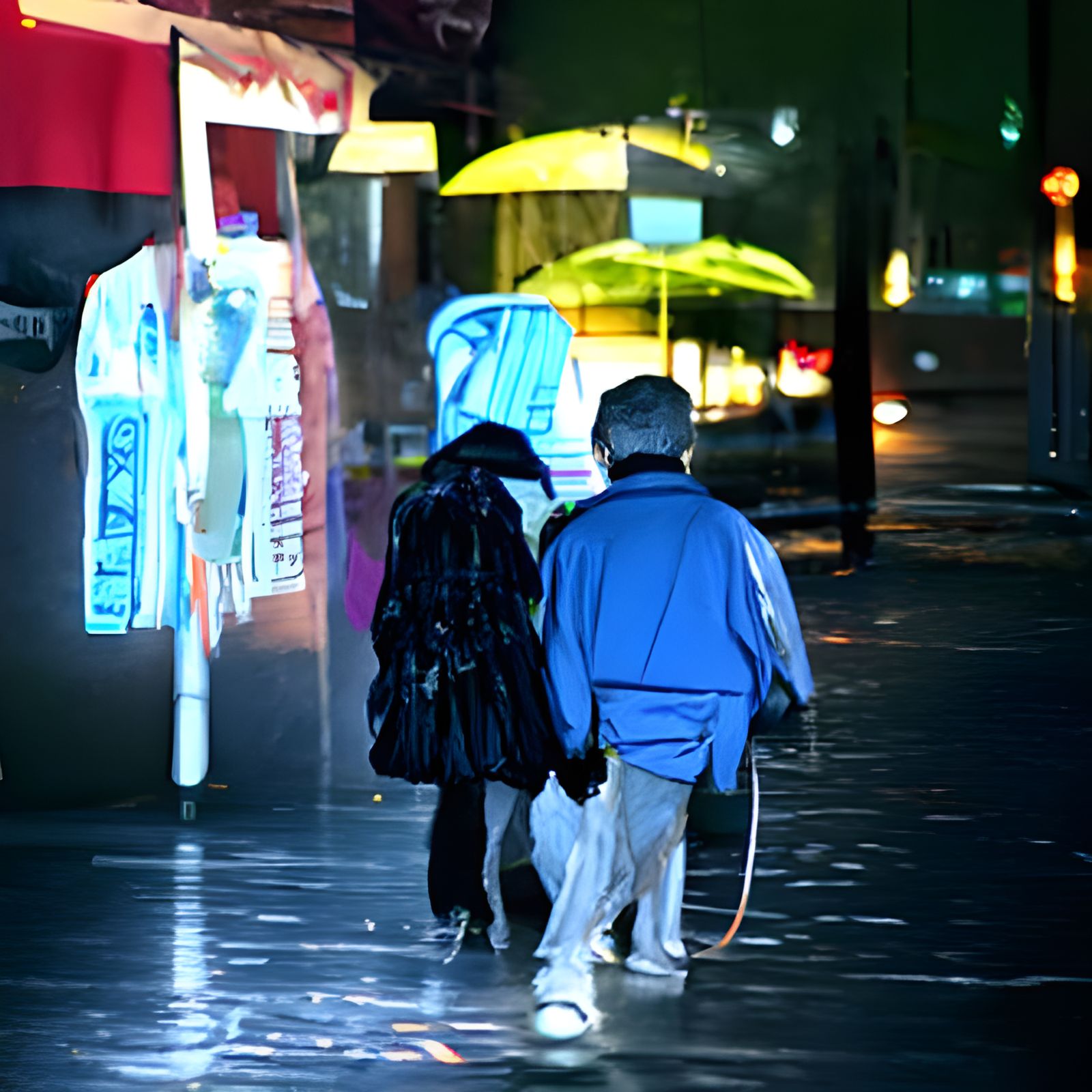 Couple walking down the street late at night in the rain