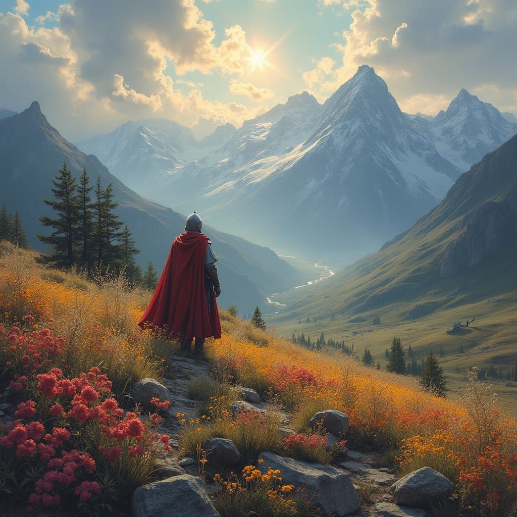 A knight in cloak venturing forth, The awakening of a new world, transformation of a grey dark featureless plain into a symphony of color, b...