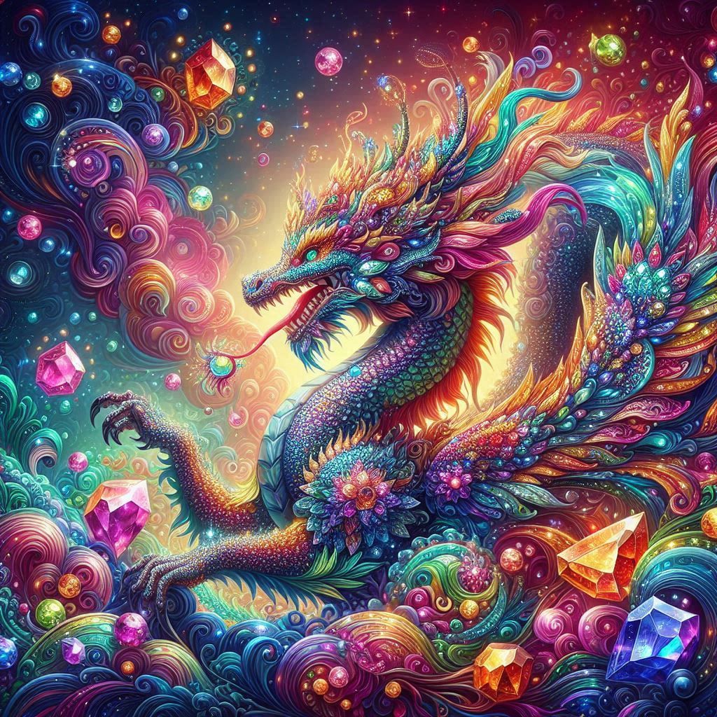 A majestic dragon goth crystal gemstone adorned with intricate, colorful details, presented in a vibrant cutecore aesthetic. The scene is ri...