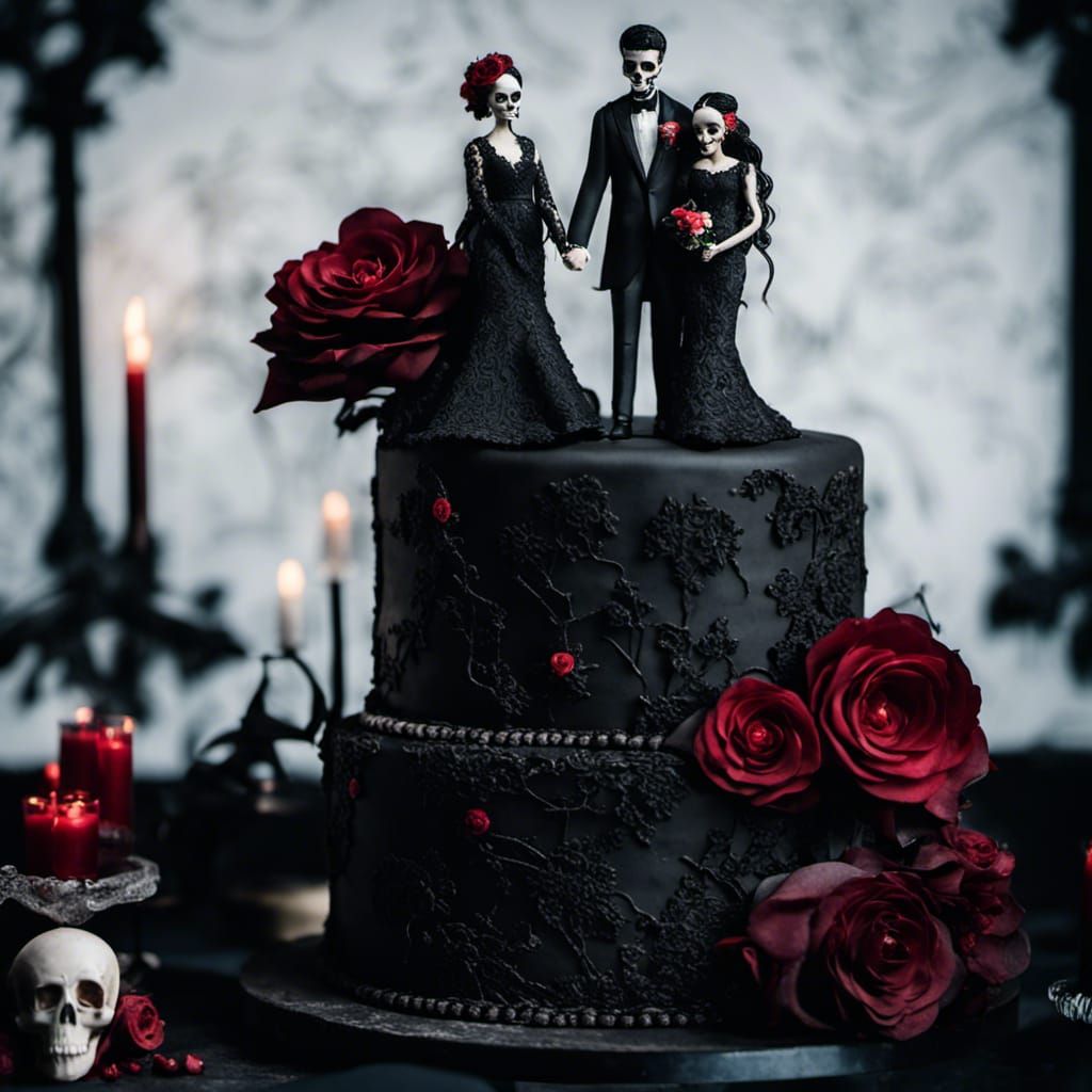 dark elegant wedding cake with Bride and groom on top of the cake that ...