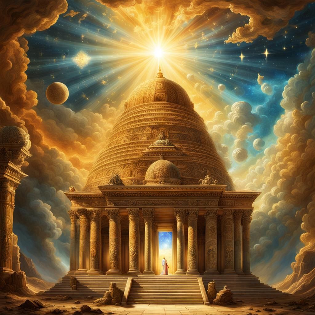 cosmic temple with  frescoes illuminated by the rays of the ...