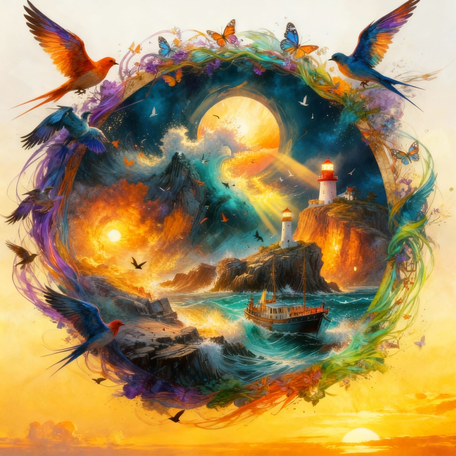 Lighthouse Scene Framed by Colorful Birds and Butterflies