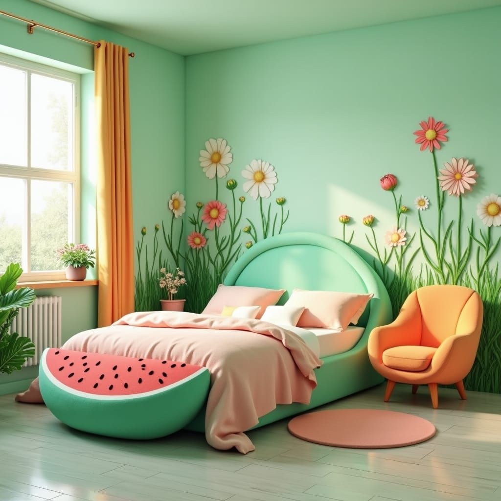 Pastel Bedroom with Watermelon Bed: Digital Art